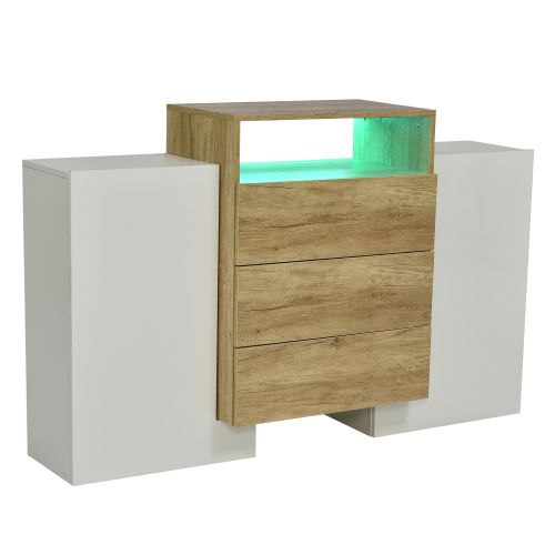 Buffet Moderne Avec Éclairage LED Multicolore, Haut Brillant Blanc Et Couleur Bois, 140 Cm