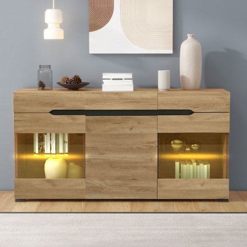 Buffet LED Moderne, 3 Portes, 3 Tiroirs, Bois Naturel, 140x35x80 Cm