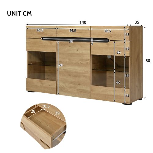 Buffet LED Moderne, 3 Portes, 3 Tiroirs, Bois Naturel, 140x35x80 Cm