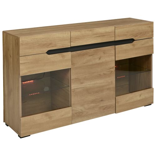 Buffet LED Moderne, 3 Portes, 3 Tiroirs, Bois Naturel, 140x35x80 Cm