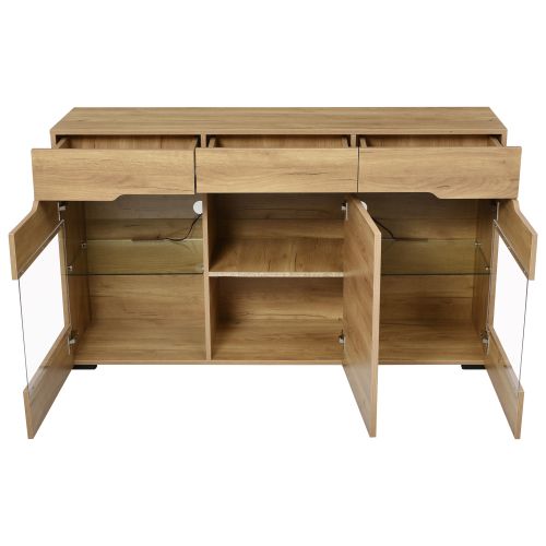 Buffet LED Moderne, 3 Portes, 3 Tiroirs, Bois Naturel, 140x35x80 Cm