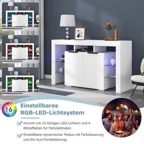 Buffet Avec Éclairage LED, Blanc Brillant, 140 Cm, 4 Étagères En Verre Et 2 Portes
