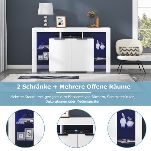Buffet Avec Éclairage LED, Blanc Brillant, 140 Cm, 4 Étagères En Verre Et 2 Portes