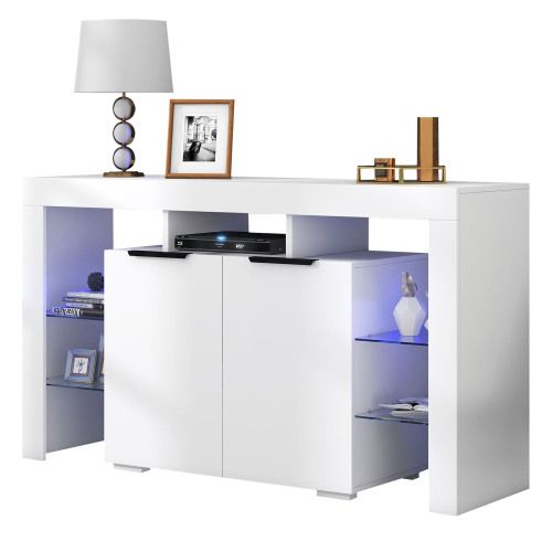Buffet Avec Éclairage LED, Blanc Brillant, 140 Cm, 4 Étagères En Verre Et 2 Portes