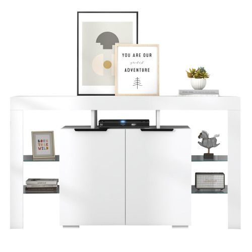 Buffet Avec Éclairage LED, Blanc Brillant, 140 Cm, 4 Étagères En Verre Et 2 Portes