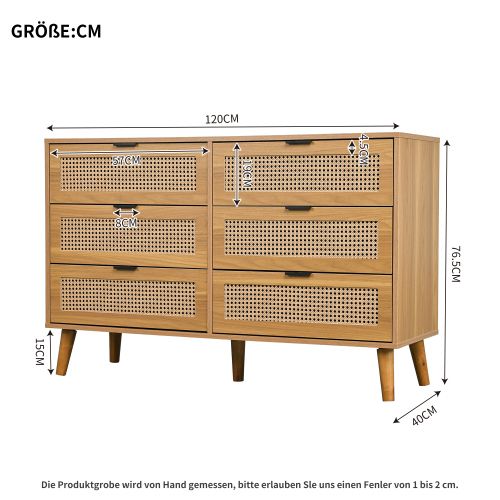 Commode Avec 6 Tiroirs, En Bois Avec Poignées Métalliques, 120 X 76.5 X 40 Cm