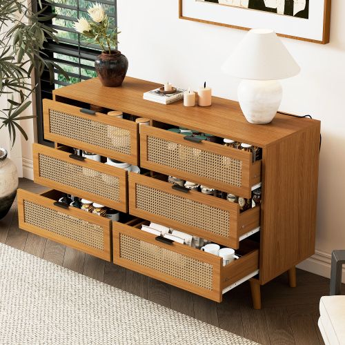 Commode Avec 6 Tiroirs, En Bois Avec Poignées Métalliques, 120 X 76.5 X 40 Cm