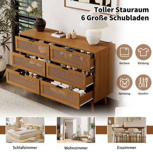 Commode Avec 6 Tiroirs, En Bois Avec Poignées Métalliques, 120 X 76.5 X 40 Cm