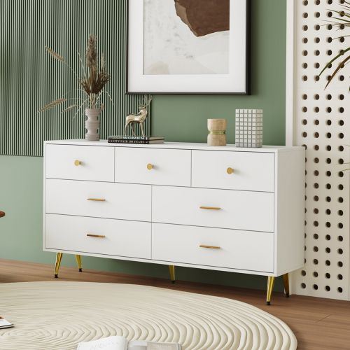 Commode Avec 7 Tiroirs, Blanc Avec Poignées Et Pieds Dorés, 140x35x76 Cm