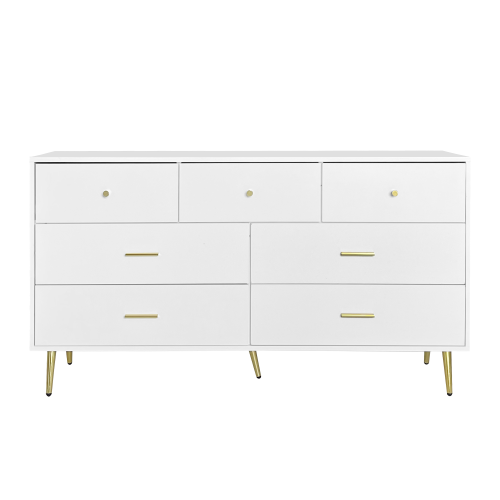 Commode Avec 7 Tiroirs, Blanc Avec Poignées Et Pieds Dorés, 140x35x76 Cm