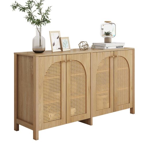 Buffet Moderne En Bois Avec 4 Portes En Rotin Synthétique, Poignées En Métal, 120 X 40 X 80 Cm