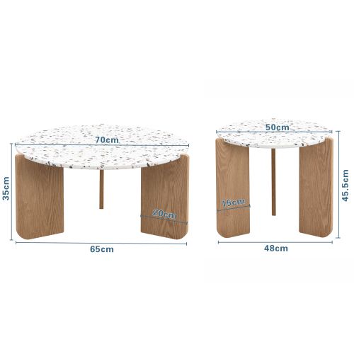 Table Basse Modulable, Blanc Et Bois, 70x70x35 Cm + 50x50x45,5 Cm