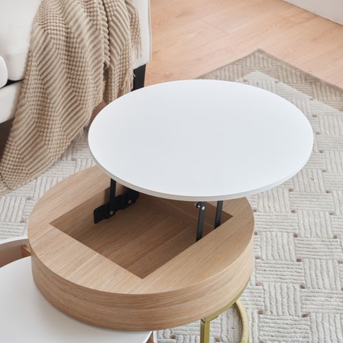 Table Gigogne Dorée, Combinaison De Table Basse Relevable, Avec Deux Tiroirs, Mdf, Set De 2