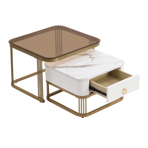 Table Basse Empilable : Marmor Et Verre Brun Thé Hautement Brillant, Accents Dorés, Avec Tiroirs