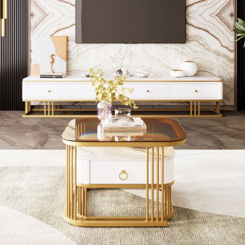 Table Basse Empilable : Marmor Et Verre Brun Thé Hautement Brillant, Accents Dorés, Avec Tiroirs