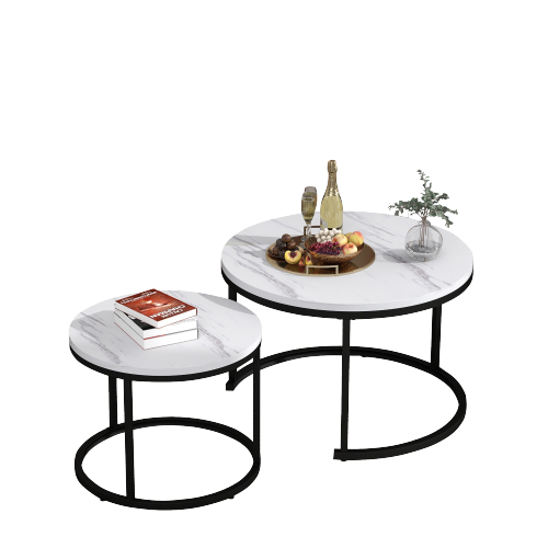 Ensemble De Tables Basses Rondes, 2 Tables Empilables En Mdf Au Motif Marbré, 50 X 70,5 Cm Et 45,5 X