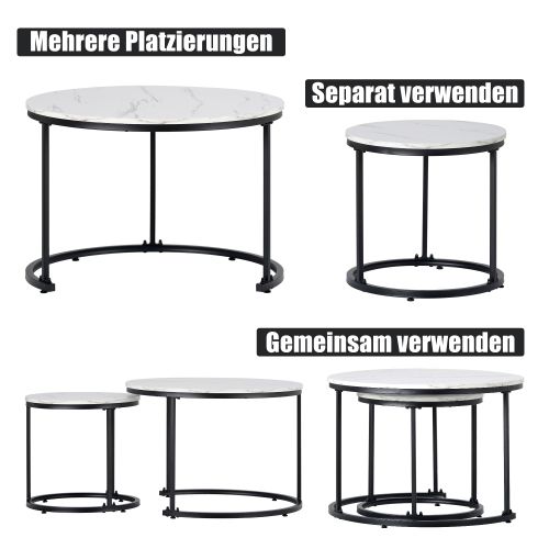 Ensemble De Tables Basses Rondes, 2 Tables Empilables En Mdf Au Motif Marbré, 50 X 70,5 Cm Et 45,5 X