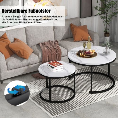 Ensemble De Tables Basses Rondes, 2 Tables Empilables En Mdf Au Motif Marbré, 50 X 70,5 Cm Et 45,5 X