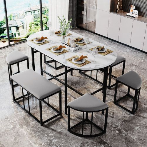 Ensemble De Salle à Manger (avec Table, 4 Petits Tabourets Et 2 Grands Tabourets)