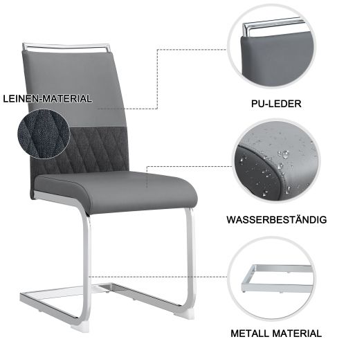 Set De 2 Chaises De Salle à Manger Modernes, En Cuir Pu Et Lin, Gris