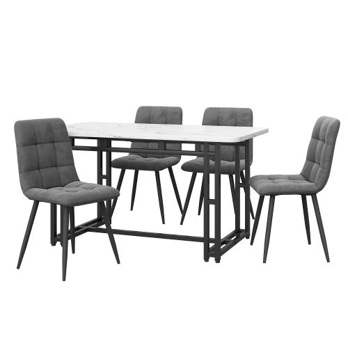 Table à Manger 120x70 Cm En Mdf Noir Avec 4 Chaises En Velours Gris Foncé, Pieds En Métal Noir