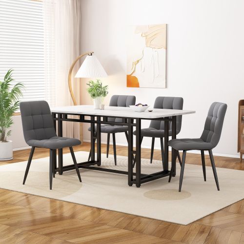 Table à Manger 120x70 Cm En Mdf Noir Avec 4 Chaises En Velours Gris Foncé, Pieds En Métal Noir