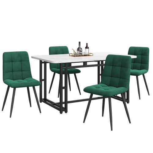 Table à Manger 140x80 Cm En Mdf Noir Avec 4 Chaises En Velours Vert Foncé, Pieds En Métal Noir