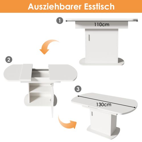 Table à Manger Extensible Ovale, Mdf Blanc,avec Rangement, Multifonctionnelle, Poignée Argentée