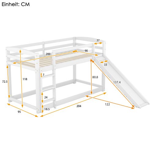 Lit Superposé 90x200 Cm Avec Toboggan, Montage Facile, Blanc