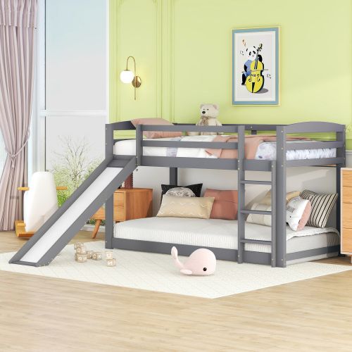 Lit Superposé 90x200 Cm Avec Toboggan, Cadre En Bois Massif, Gris