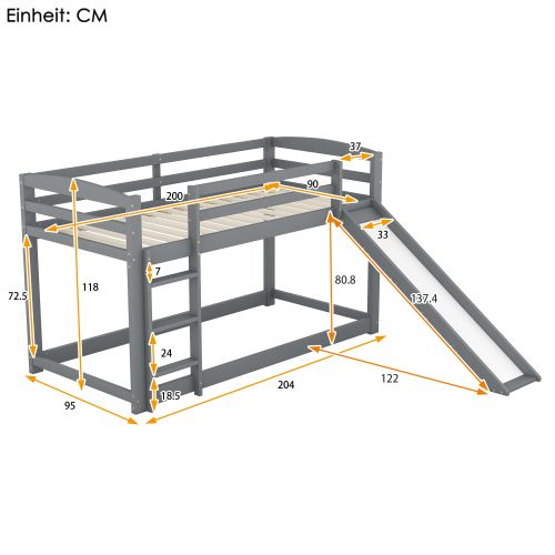 Lit Superposé 90x200 Cm Avec Toboggan, Cadre En Bois Massif, Gris