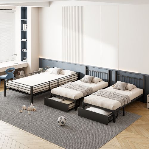 Lit Superposé Triple 140x200 Cm Avec Tiroirs, Cadre En Métal, Noir