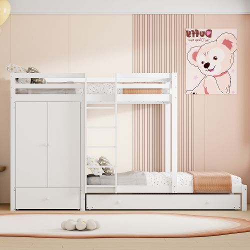 Lit Superposé En Bois Massif 90x200 Cm Avec Armoire Et Tiroirs, Blanc