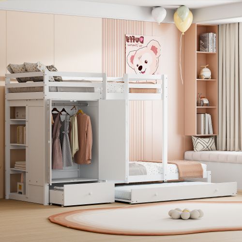 Lit Superposé En Bois Massif 90x200 Cm Avec Armoire Et Tiroirs, Blanc
