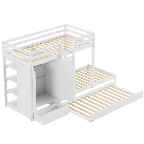 Lit Superposé En Bois Massif 90x200 Cm Avec Armoire Et Tiroirs, Blanc