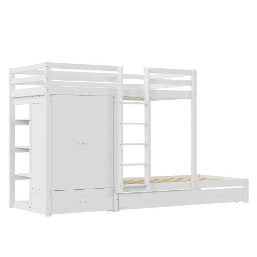 Lit Superposé En Bois Massif 90x200 Cm Avec Armoire Et Tiroirs, Blanc