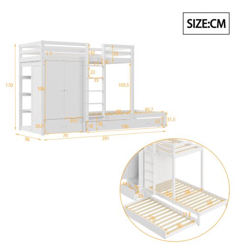 Lit Superposé En Bois Massif 90x200 Cm Avec Armoire Et Tiroirs, Blanc