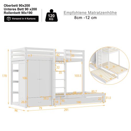 Lit Superposé En Bois Massif 90x200 Cm Avec Armoire Et Tiroirs, Blanc