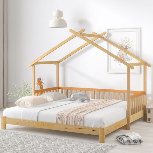 Lit Enfant Extensible En Forme De Maison, En Pin Massif, Naturel, 200 X 90 Cm