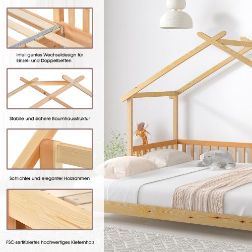 Lit Enfant Extensible En Forme De Maison, En Pin Massif, Naturel, 200 X 90 Cm