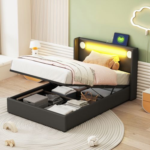 Lit Rembourré 90 X 200 Cm Avec Bande LED,lecteur Bluetooth Et Charge USB,lit De Rangement En Cuir Pu