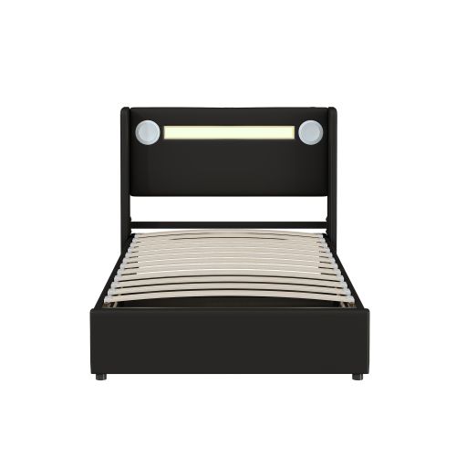 Lit Rembourré 90 X 200 Cm Avec Bande LED,lecteur Bluetooth Et Charge USB,lit De Rangement En Cuir Pu