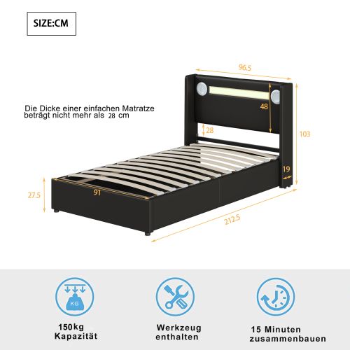 Lit Rembourré 90 X 200 Cm Avec Bande LED,lecteur Bluetooth Et Charge USB,lit De Rangement En Cuir Pu