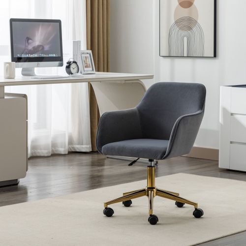 Chaise De Bureau Pivotante En Velours Avec Pieds Dorés, Hauteur Réglable, Gris
