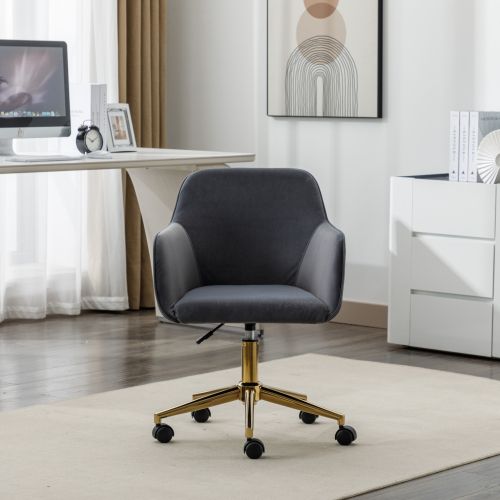 Chaise De Bureau Pivotante En Velours Avec Pieds Dorés, Hauteur Réglable, Gris