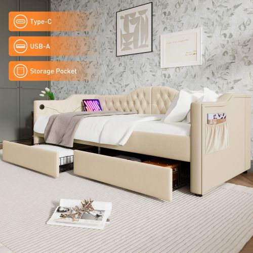 Lit Enfant 90x190 Cm En Velours Beige Avec Deux Tiroirs Et Ports De Charge USB