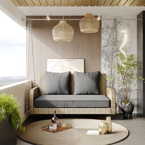 Balancelle De Jardin En Rattan Beige, Coussins Gris, 2 Places