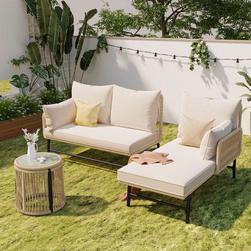 Salon De Jardin, Ensemble De Meubles De Jardin En Corde Tressée, Cadre En Fer, Beige