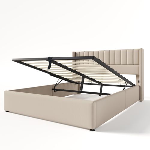 Lit Double 160x200 Cm, Avec Rangement Hydraulique, Sommier En Bois, Cadre Métal, Lin Beige.