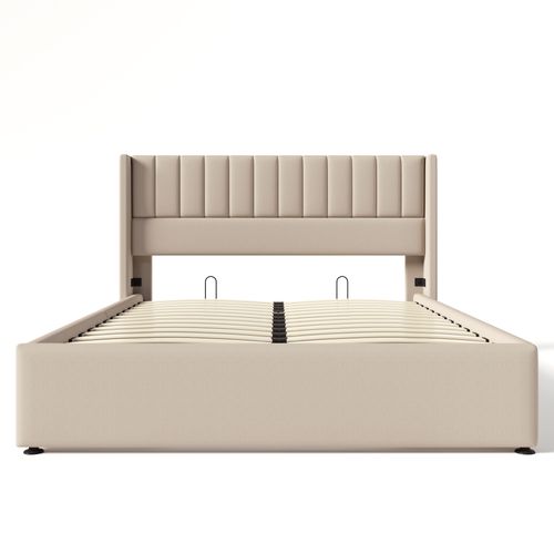 Lit Double 160x200 Cm, Avec Rangement Hydraulique, Sommier En Bois, Cadre Métal, Lin Beige.